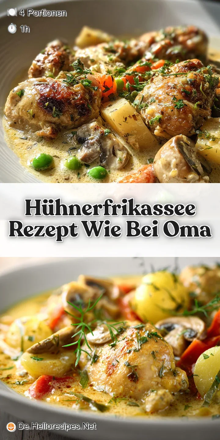 Close-up shot of chicken fricassee, highlighting the creamy sauce and tender chicken. Hints of steam suggest a warm, comfo...