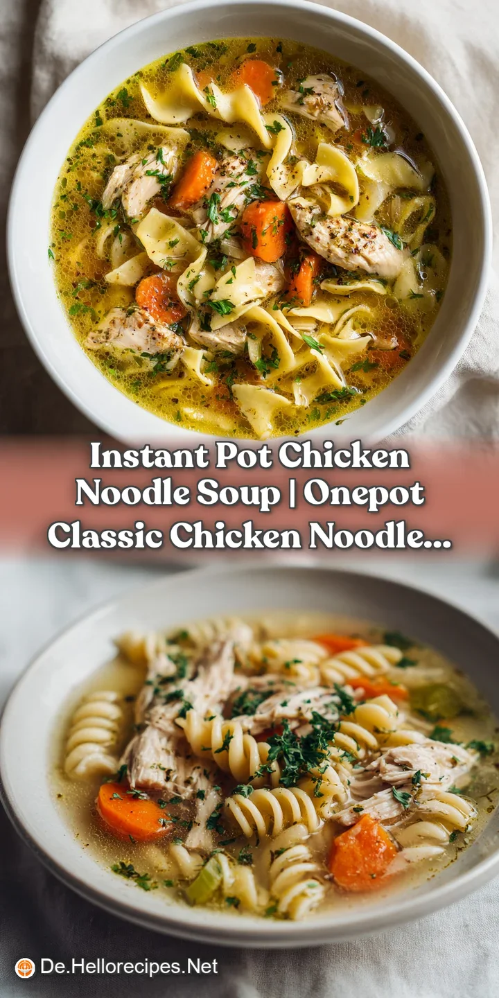 Close-up of plump, soft noodles swimming in rich chicken broth with shredded chicken and finely diced vegetables.