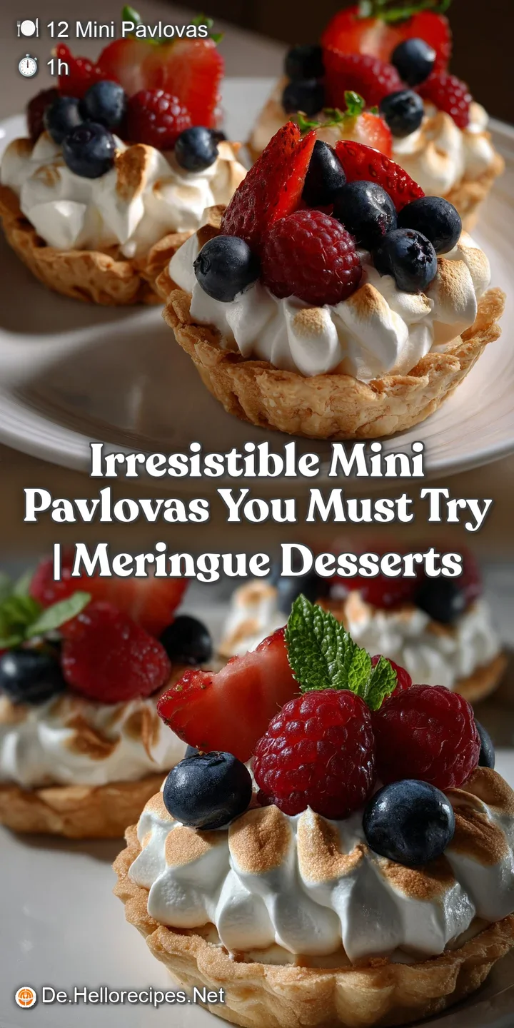 Close-up of a mini pavlova; the cracked, golden exterior contrasts beautifully with the creamy white interior and juicy re...