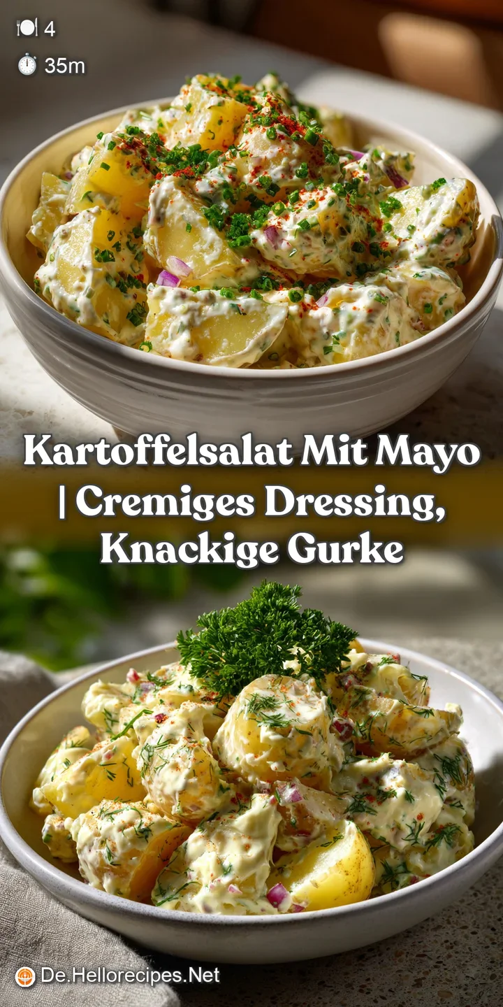 Close-up of a spoonful revealing the creamy texture of the potato salad, bits of potato, and the subtle, fresh green of ch...