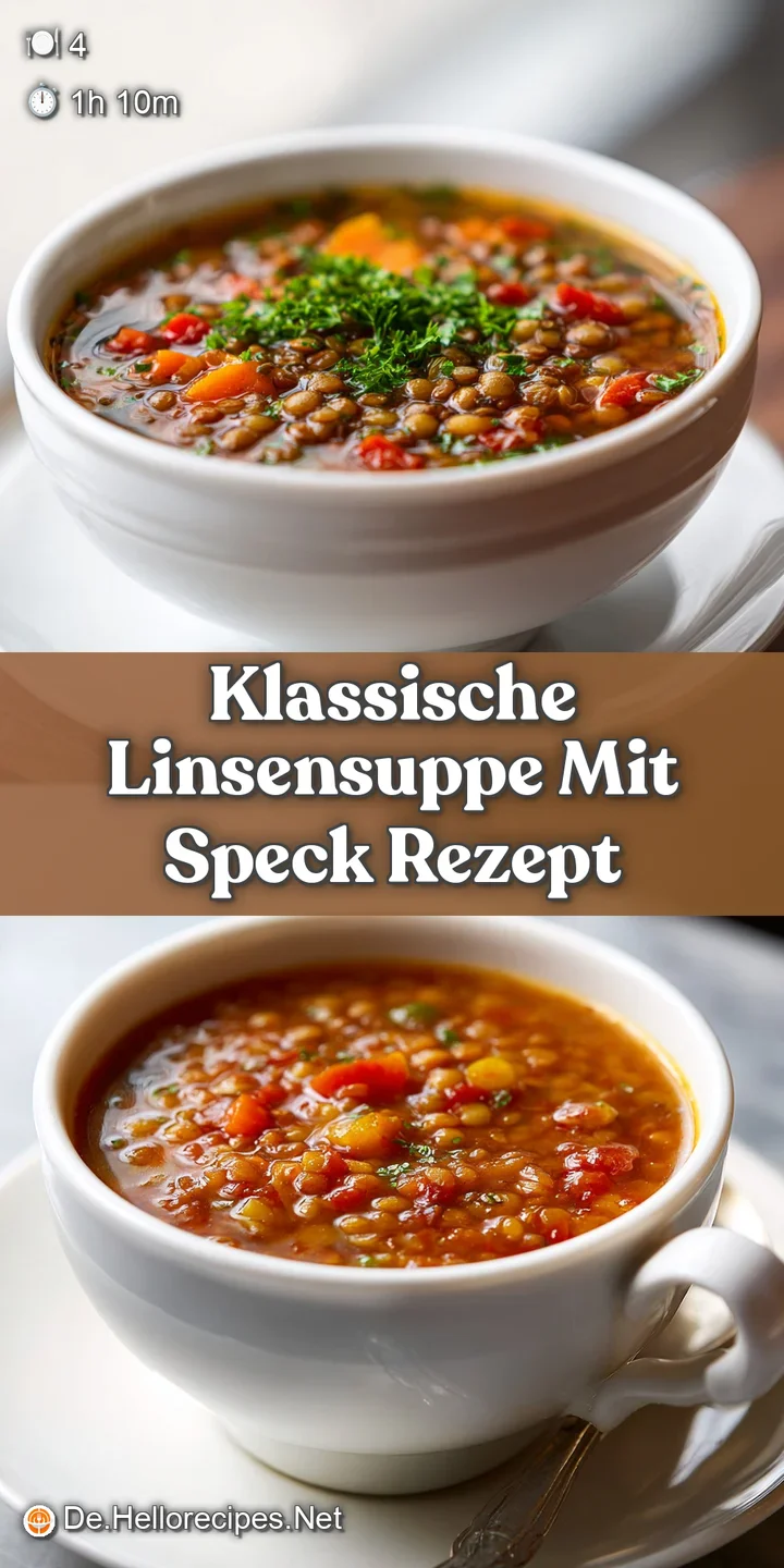 Close-up of hearty lentil soup with glistening bacon and vibrant green herbs. Steam rises from the warm, inviting broth.