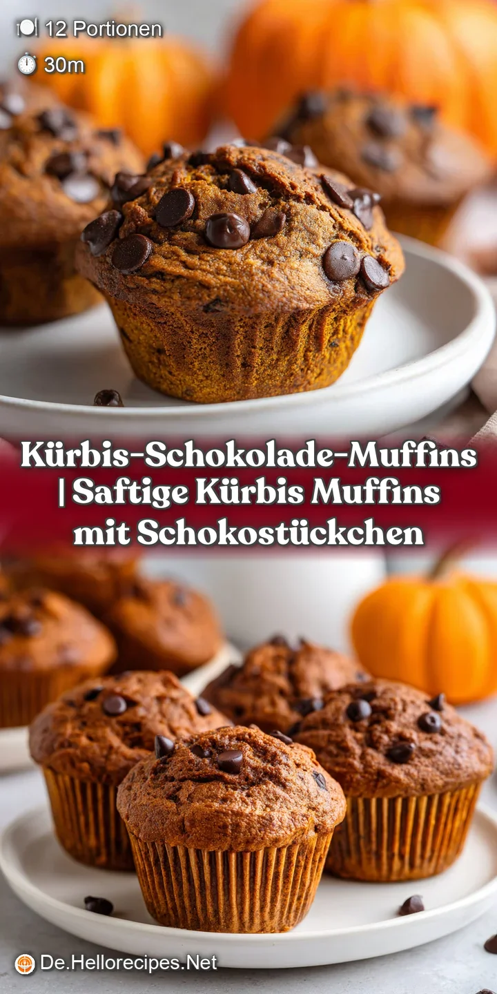 Close-up of a warm pumpkin muffin with a cracked top, revealing melted dark chocolate chunks.