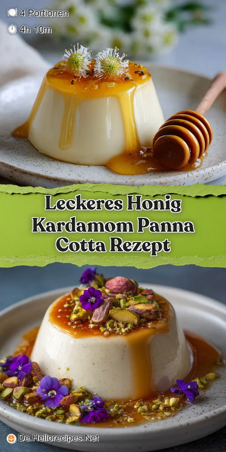 Close-up of a silky smooth panna cotta, glistening with honey, lightly dusted with green cardamom; creamy, rich, and invit...