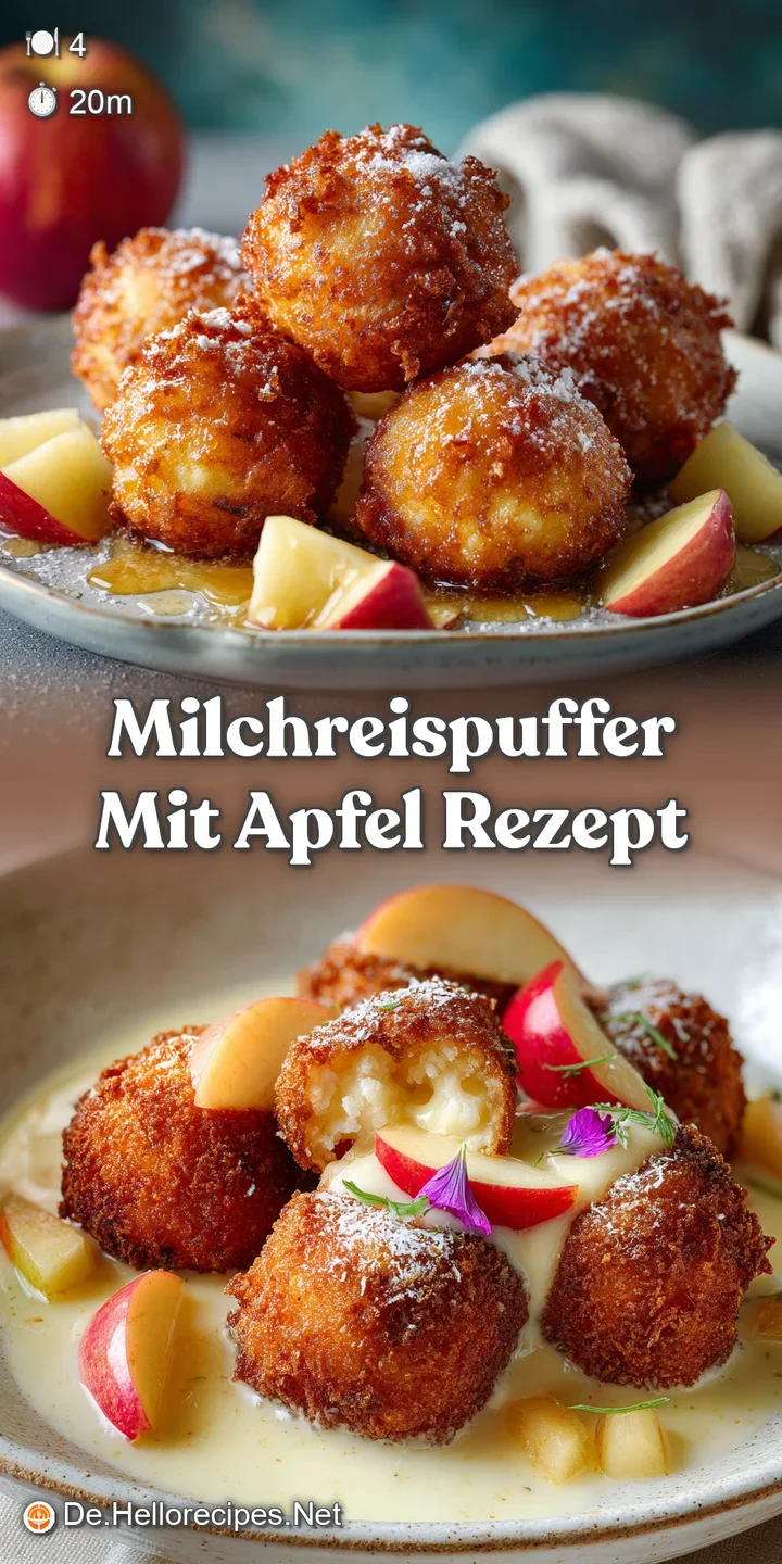 Close-up of a warm rice fritter, slightly crisp on the edges, next to juicy baked apples with cinnamon. Steam is visible.