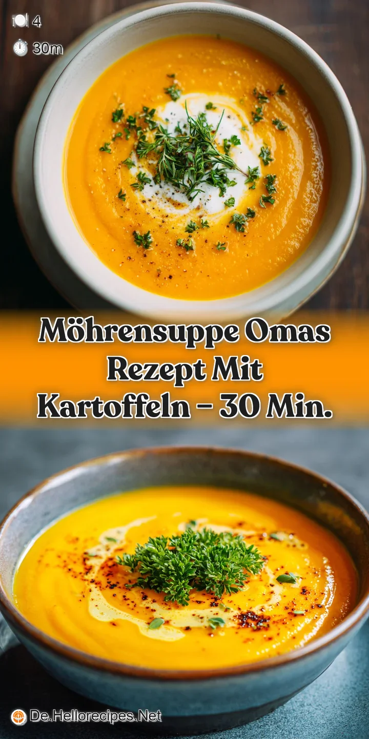 Close-up of smooth, bright carrot soup with flecks of herbs. Steam rises from the bowl, hinting at its warmth and savory f...