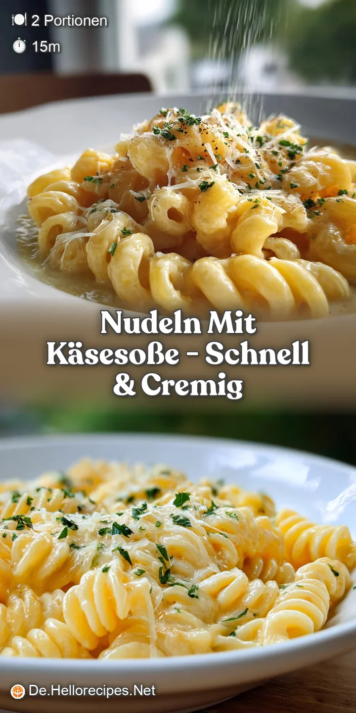 Close-up showing the irresistible texture of creamy cheese sauce clinging to perfectly cooked noodles. Hints of melted che...