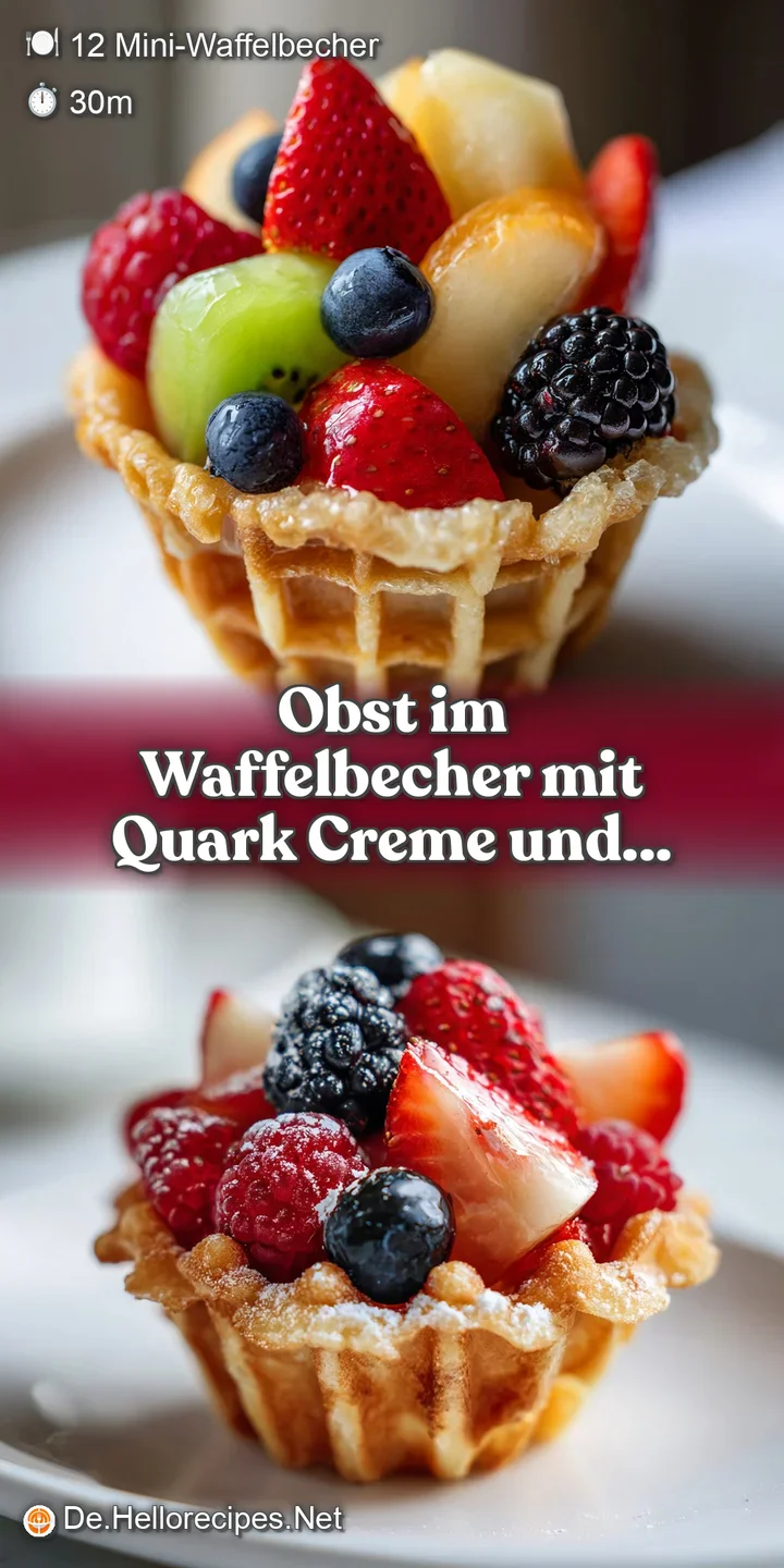 Close-up showcases the creamy texture of the filling nestled inside a crispy waffle cup. Topped with fresh, glistening fruit.