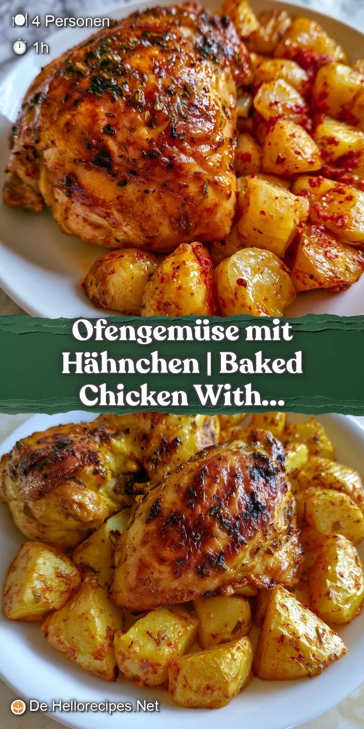 Detailansicht von knuspriger, goldener H&auml;hnchenhaut und gl&auml;nzenden, weichen Karottenst&uuml;cken in warmem Licht.