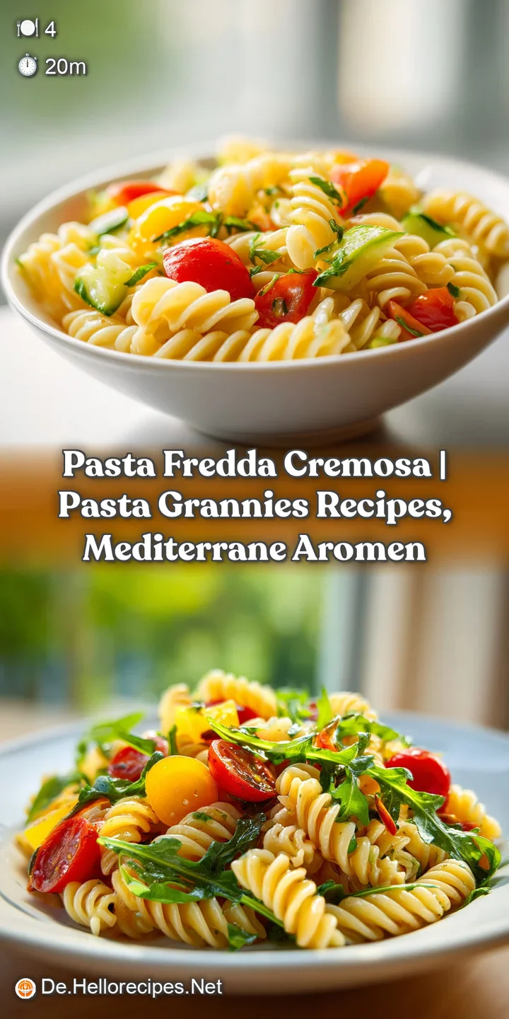 Close-up of creamy pasta twirls, coated in rich sauce, with visible pieces of fresh vegetables and herbs.