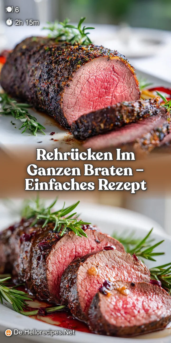 Close-up of tender, juicy venison loin with a deep brown crust, glistening with a savory red wine reduction. An irresistib...
