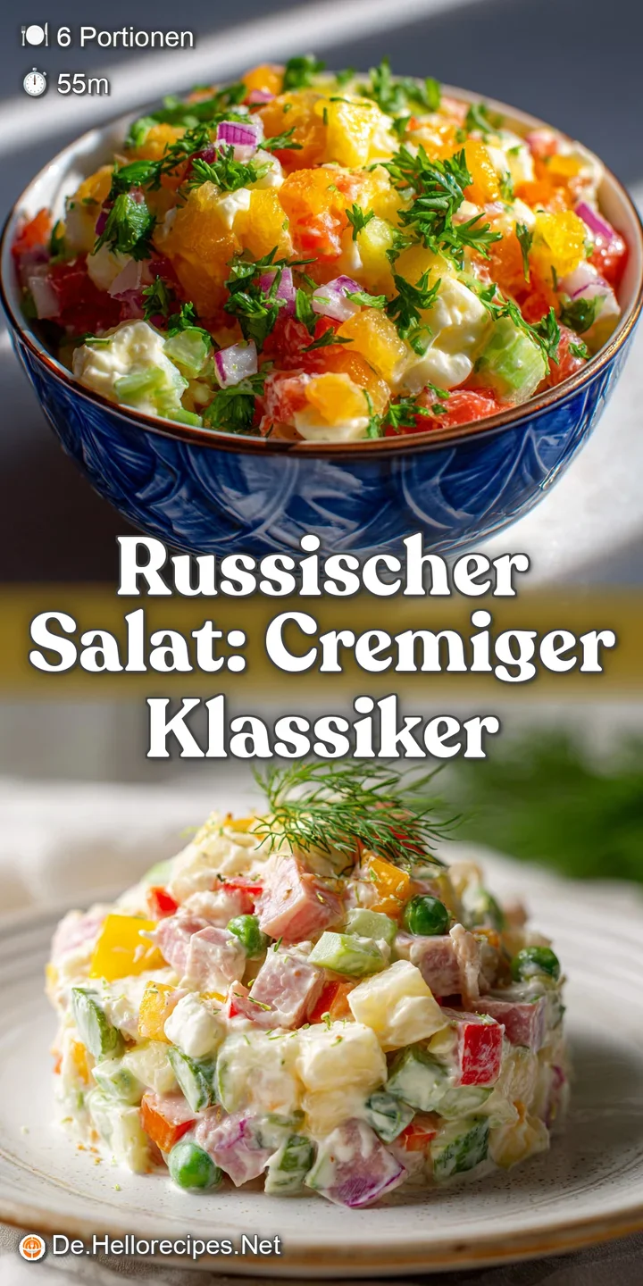 Close-up of Russian salad showcasing the creamy mayo dressing clinging to diced potatoes, carrots, and peas. Fresh dill sp...