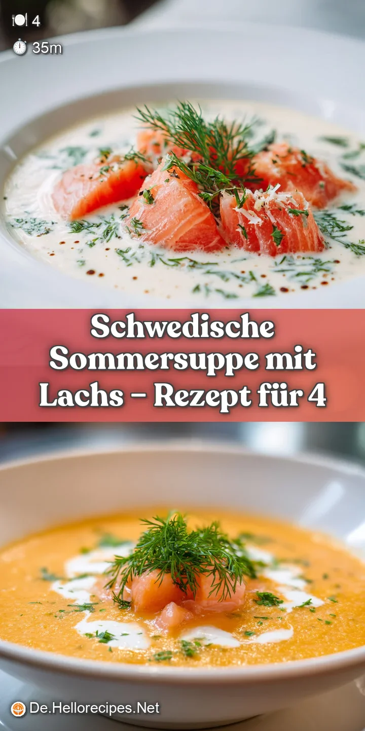 Close-up of salmon & egg in yellow soup. Dill fronds float, suggesting a light, cool summer broth, with textures of creami...