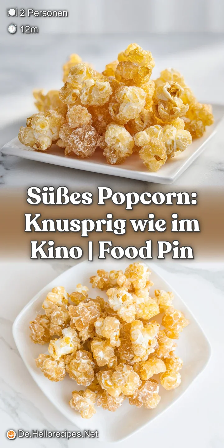 Makroaufnahme von luftigem Popcorn mit einer glatten, goldgelben Karamellschicht und feinen, glitzernden Zuckerkristallen.