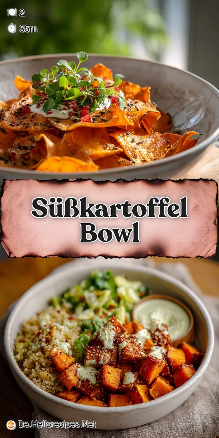 Close-up of a sweet potato bowl, highlighting the soft texture of the potato and the glistening dressing on the fresh ingr...