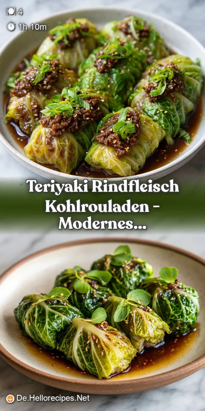 Close-up view of a glistening teriyaki cabbage roll, showcasing the textured cabbage leaves and rich, dark sauce. Mouthwat...