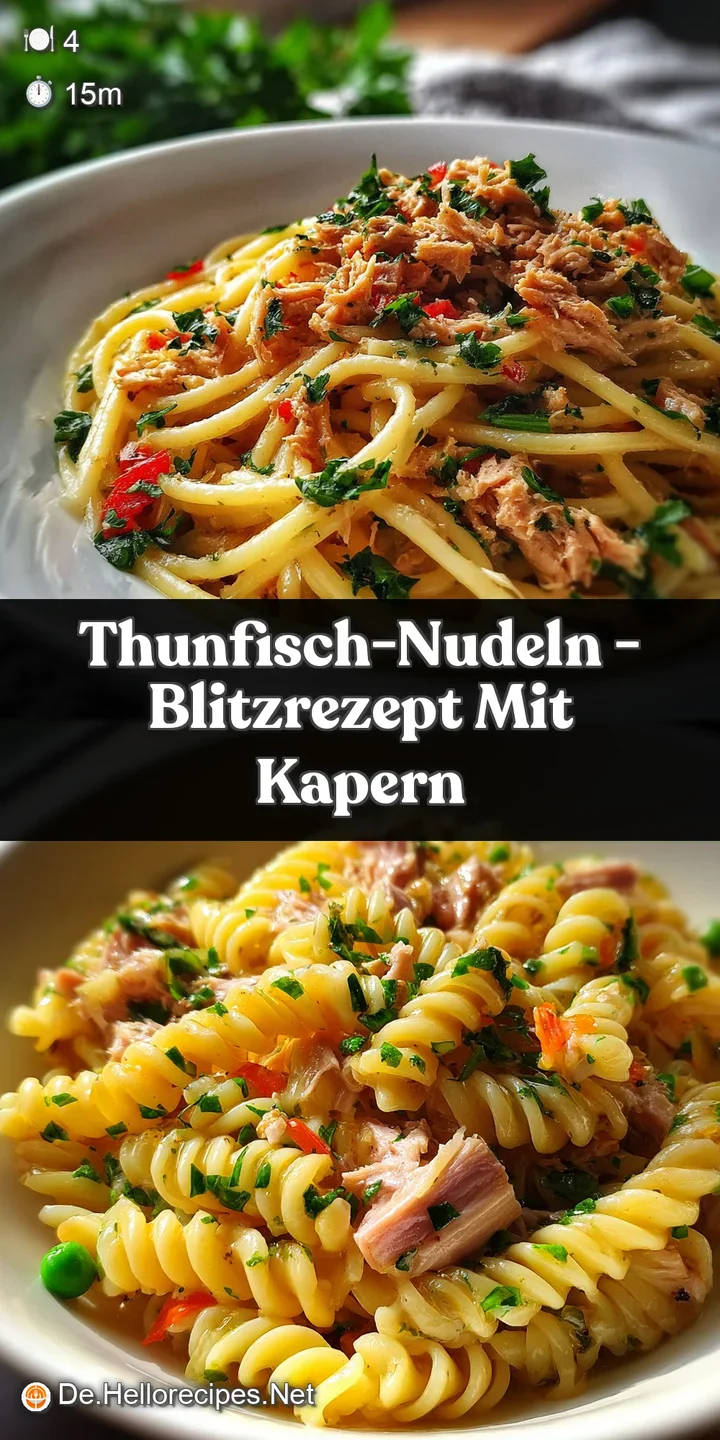 Close-up of creamy tuna pasta showcasing textures of flaky tuna, plump capers, and glistening noodles with bright bits of ...