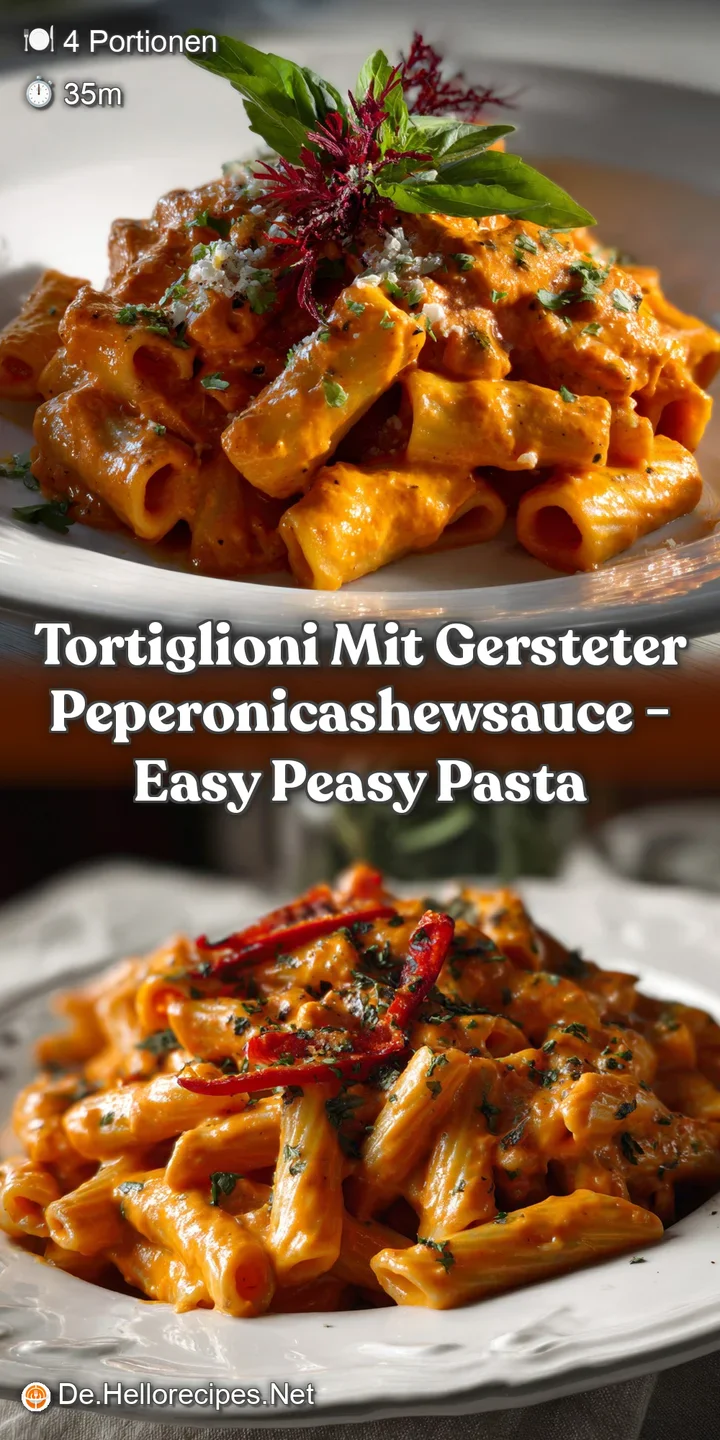 Twisted pasta coated in a vibrant, creamy cashew sauce with flecks of red pepper. A light, textured dish, ready to eat.