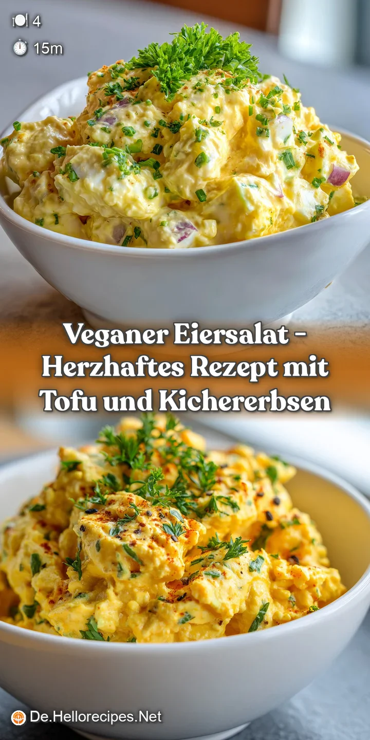 Close-up of creamy vegan egg salad, showing its texture with bright yellow turmeric and chopped chives.