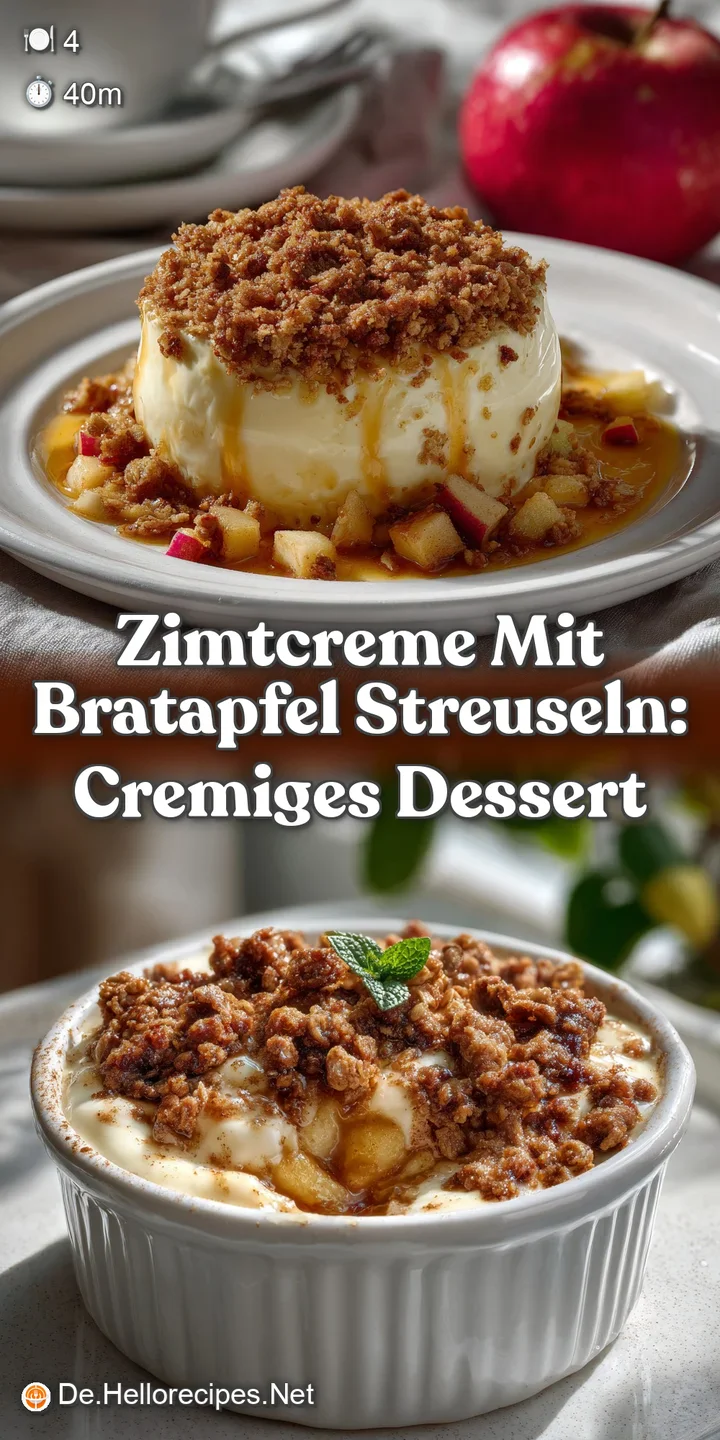 Close-up of a textured dessert. The creamy Zimtcreme contrasts with the crunchy Streuseln and tender, glistening pieces of...