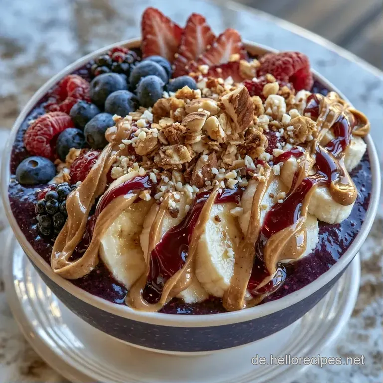 Eine helle Keramikschale mit lila Smoothie, ordentlich gereihtem Obst und Granola auf einem hellen Holzhintergrund.