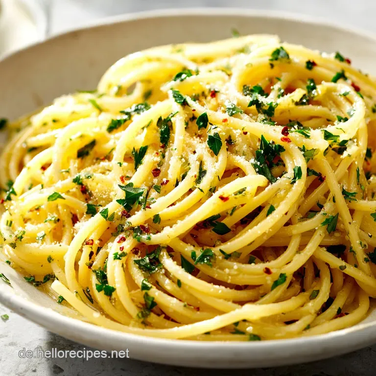 Elegant plating: twirled spaghetti with visible garlic and chili flakes, drizzled with oil. Fresh parsley adds a vibrant g...