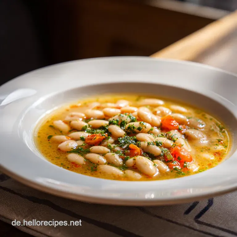 A steaming bowl of hearty white bean soup, artfully garnished with fresh green herbs and a drizzle of rich oil.