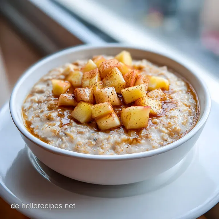 Eine wei&szlig;e Keramikschale mit samtigem Porridge auf rustikalem Holz, dekoriert mit frischen &Auml;pfeln und Zimtstangen.