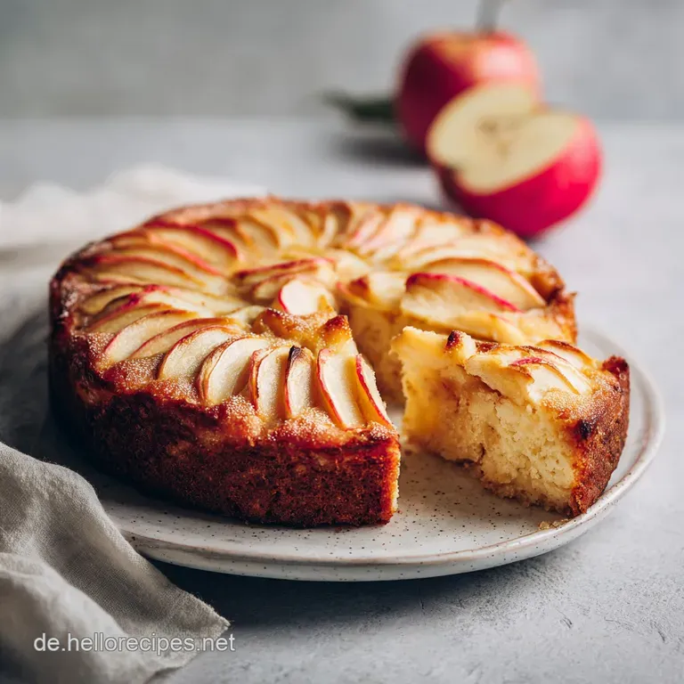 Warm slice of apple cake on a white plate, steam rising. Cinnamon dusting and a dollop of whipped cream. Comforting and in...