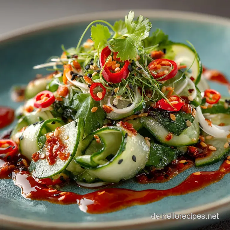 Knackiger Asiatischer Gurkensalat SesamIngwerDressing mit ChiliKick presentation