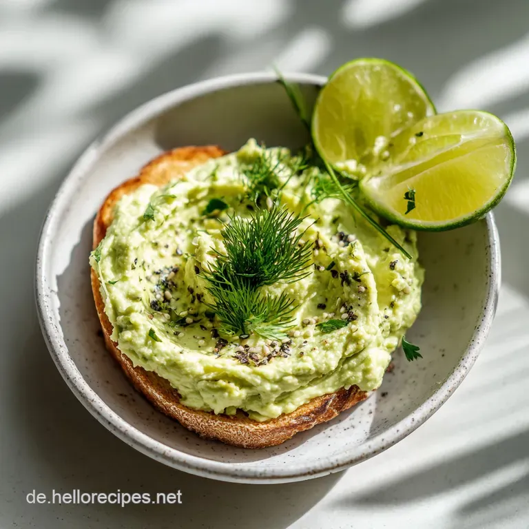 Elegant swirl of avocado cream on a plate, garnished with red pepper flakes and microgreens. A light and fresh appetizer.