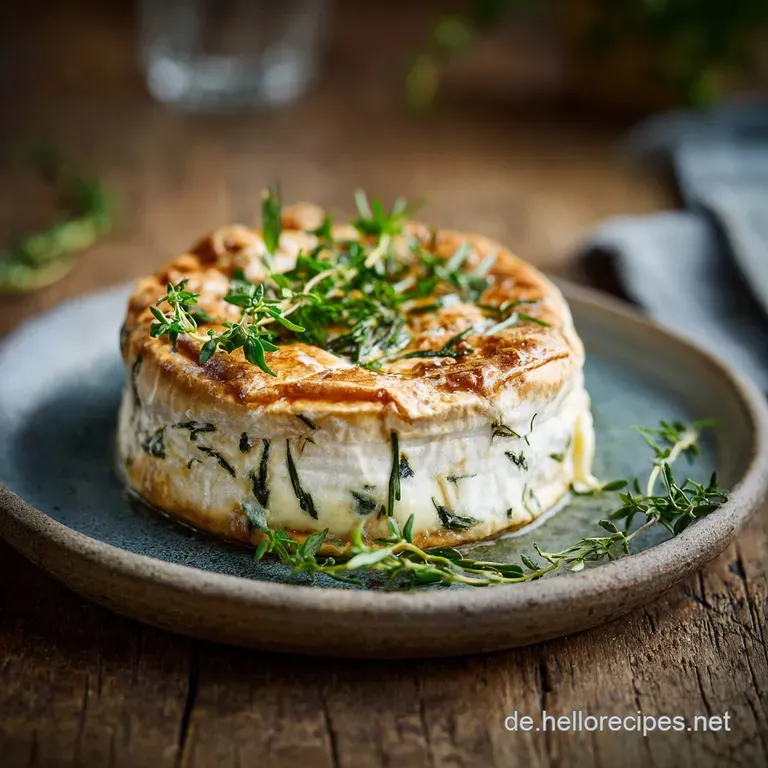 A rustic plate features baked Camembert, herbs glistening in melted butter, paired with toasted bread slices, ready to be ...