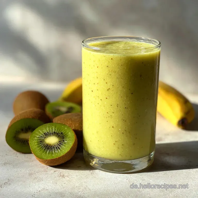 Vibrant green smoothie in a sleek glass, garnished with a bright kiwi slice and a single, contrasting red berry.