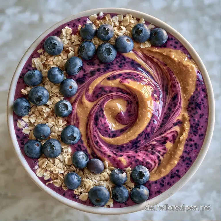 Elegante wei&szlig;e Schale mit glattem, violettem Smoothie, verziert mit pr&auml;zisen Reihen aus gelber Mango und Chia-Samen.
