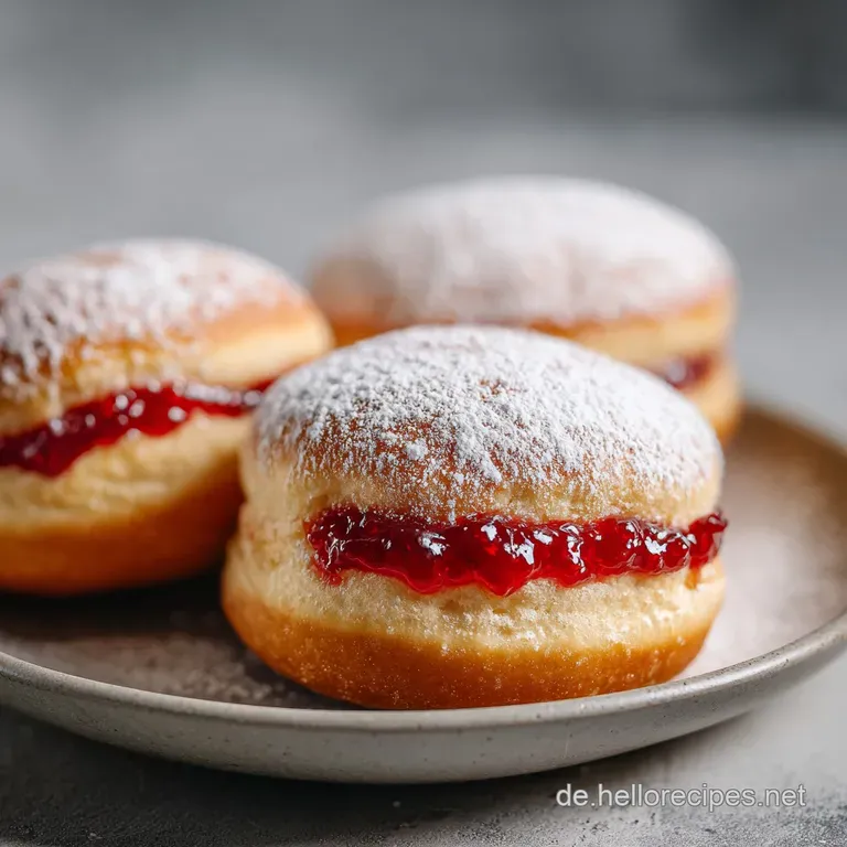Drei weiche, goldgelbe Berliner auf einem wei&szlig;en Porzellanteller, best&auml;ubt mit glitzerndem, feinem Puderzucker.