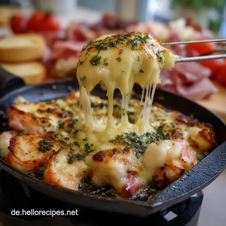 Artfully arranged raclette ingredients on a wooden board: golden cheese, vibrant veggies, and cured meats for a delightful...