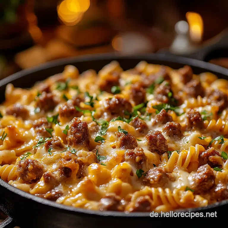 BlitzKäseWurstPasta aus einem Topf presentation