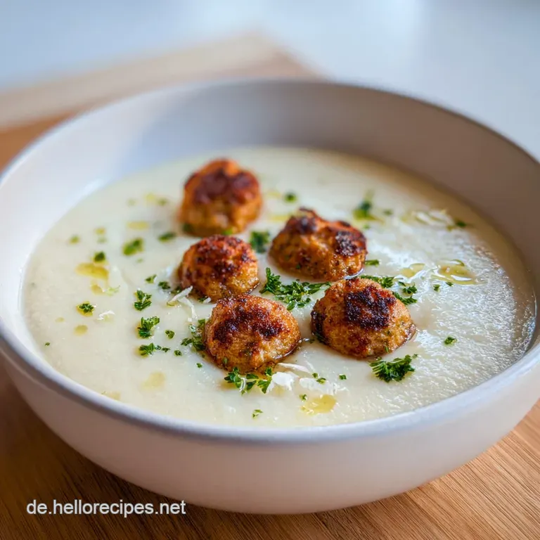 Elegante wei&szlig;e Schale mit dampfender, heller Suppe und gebratenen B&auml;llchen, ansprechend auf rustikalem Holz platziert.