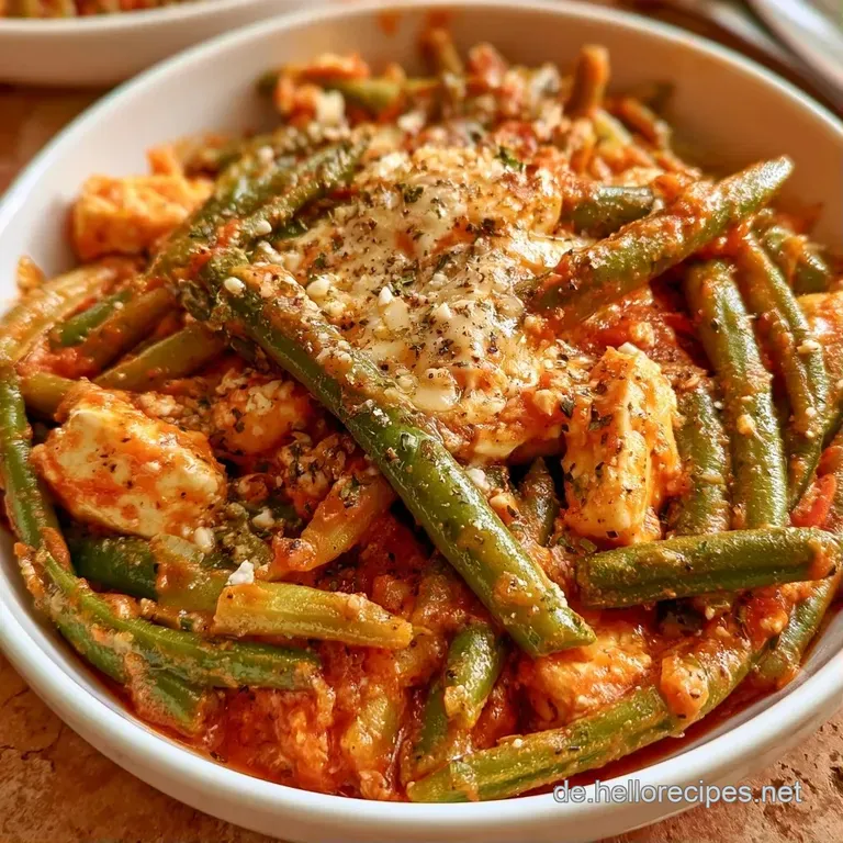 Eine Portion &uuml;berbackene Bohnen in s&auml;miger Tomatensauce auf einem wei&szlig;en Teller, serviert mit frischer Petersilie.