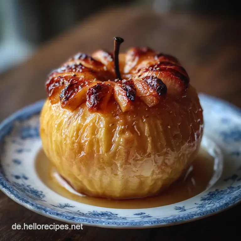 Two golden-brown baked apples, artfully plated with a dollop of whipped cream and a delicate dusting of powdered sugar.