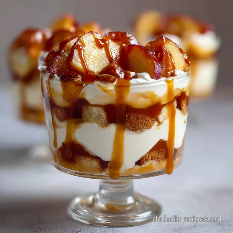 Elegant trifle, individual portions in tall glasses. Alternating layers of apple, creamy custard, and crunchy crumbles off...