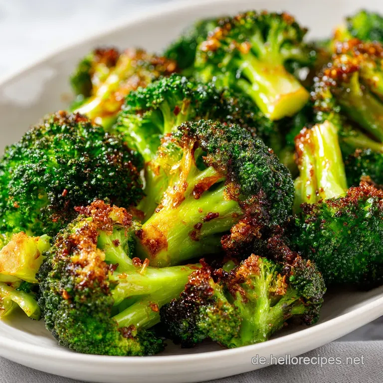 Steaming pile of air-fried broccoli, showing off its golden-brown crispy edges, artfully arranged in a white bowl.