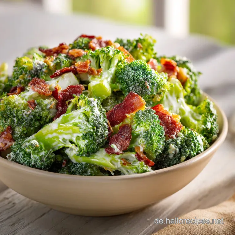 A rustic wooden bowl filled with bright broccoli salad, dotted with savory bacon and a dollop of creamy dressing.