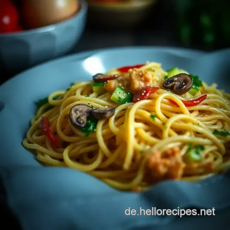 Bunte Nudeln mit saisonalem Gemüse und aromatischer Soße presentation