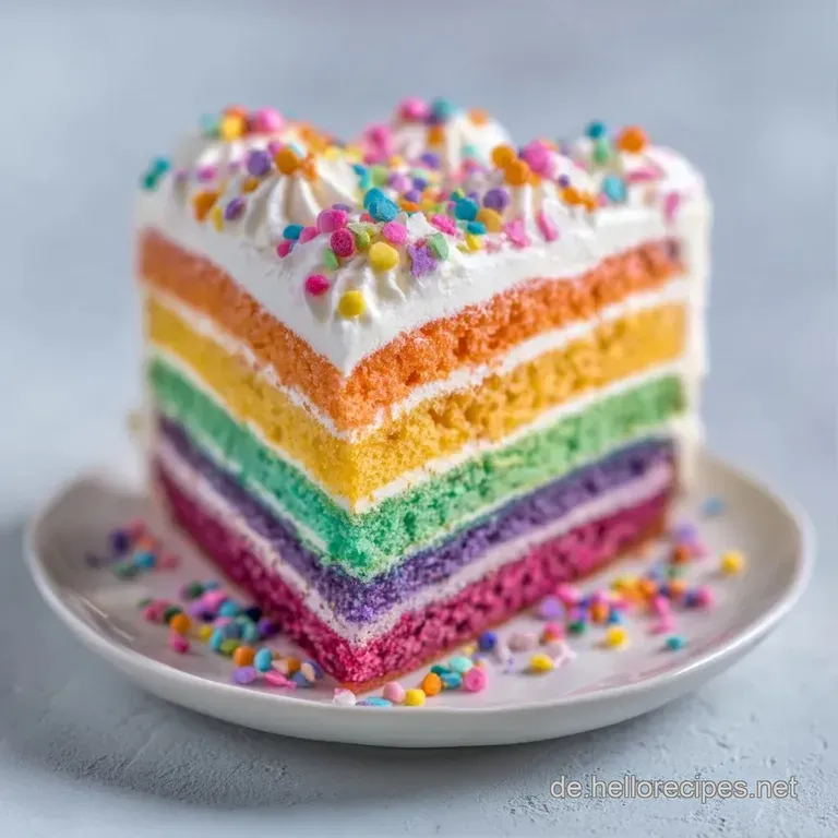 Farbenfroher Schichttorten-Kuchen auf einer wei&szlig;en Keramikplatte, umgeben von kleinen, leuchtenden Beeren und Konfetti.