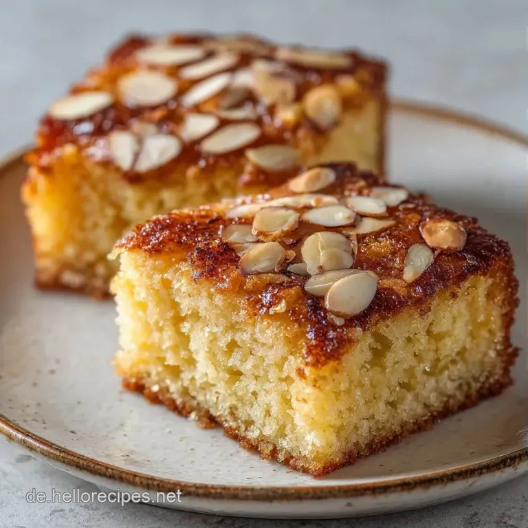 Goldgelbe Kuchenst&uuml;cke auf einer rustikalen Platte, gl&auml;nzende Butteraugen und knusprige Mandeln in warmem Licht.