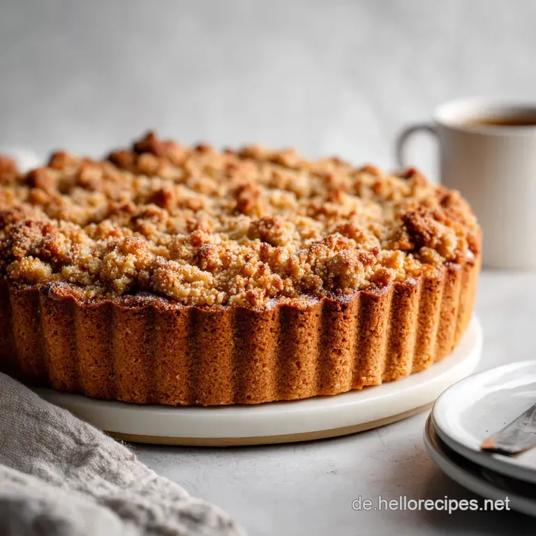 Buttery streusel topping sprinkled generously over a rustic cake, sliced and plated. Inviting texture with a delightful su...