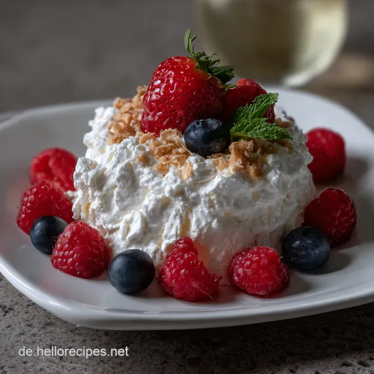 Elegant glass goblets filled with creamy white dessert, garnished with bright red berries and a sprig of mint; a light and...