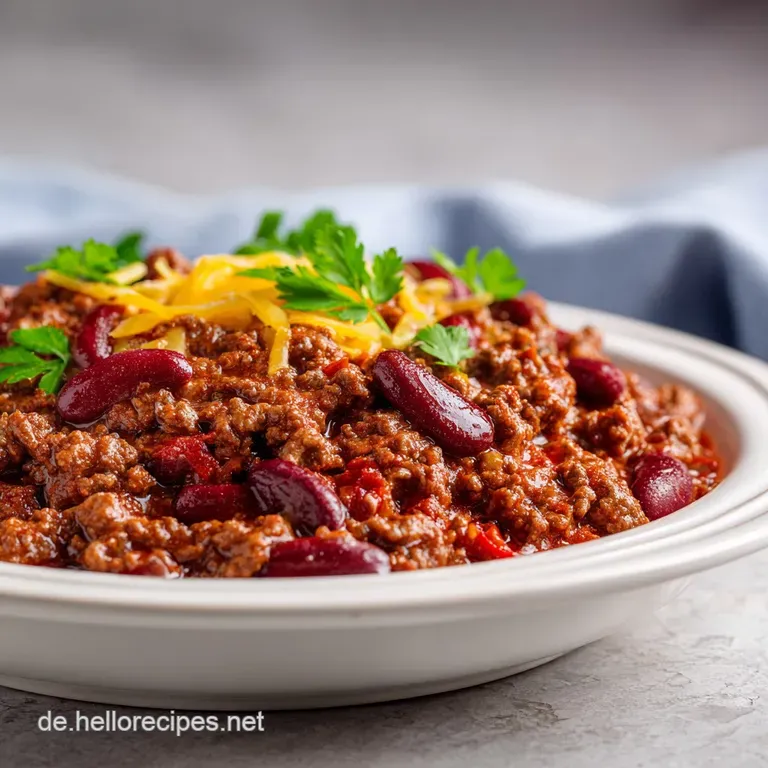 Plated chili con carne topped with sour cream and green onions, with a side of cornbread showcasing warm steam.