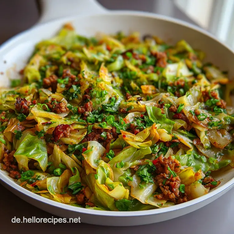 Steaming mound of cabbage and ground meat mixture, artfully plated and topped with fresh herbs, ready to be enjoyed.