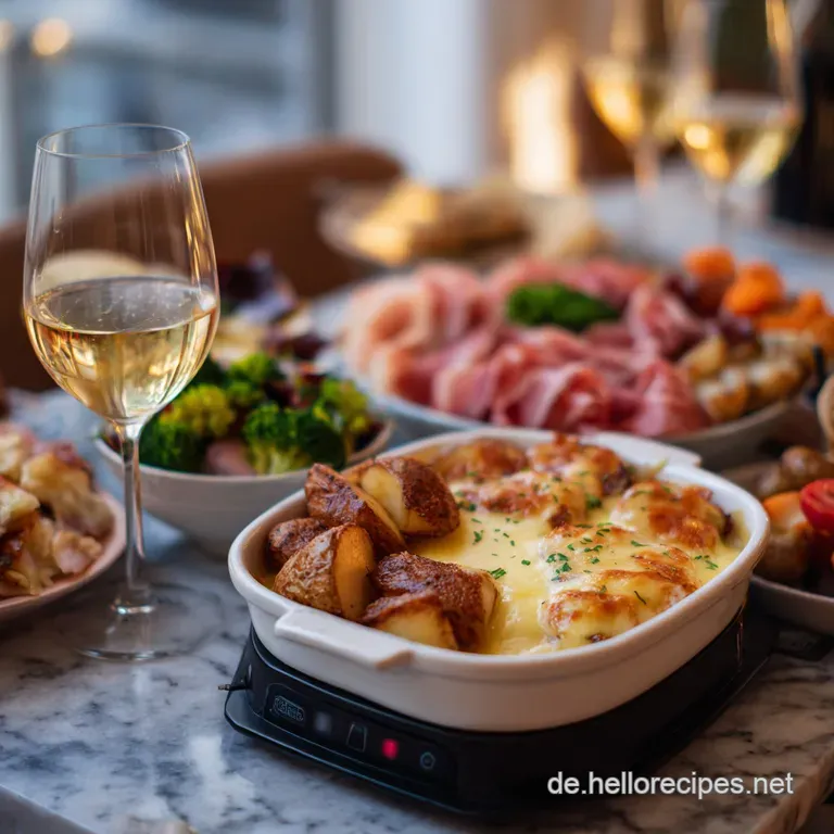 Artfully arranged raclette ingredients on a wooden board. Slices of melted cheese cascading over colorful vegetables and c...